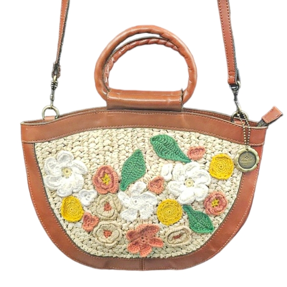 ❌SOLD❌Patricia Nash Ossi Satchel Raffia Crochet Floral Leather Crochet Crossbody - Picture 3 of 16